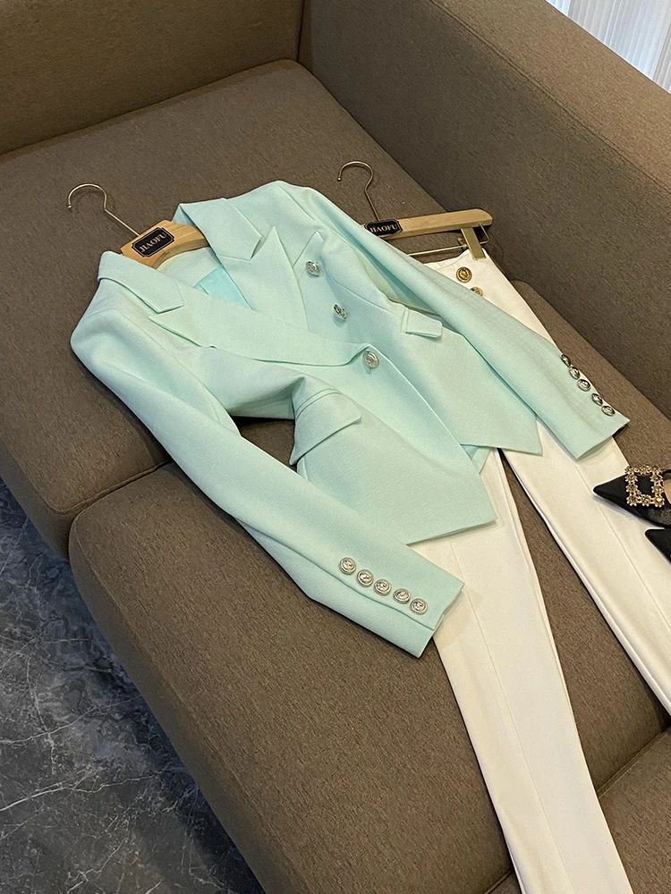 

Модный женский костюм Jaet с металлическими пуговицами в виде льва, двухрядная пуговица, облегающее длинное пальто с матовой поверхностью для поездок на работу, све