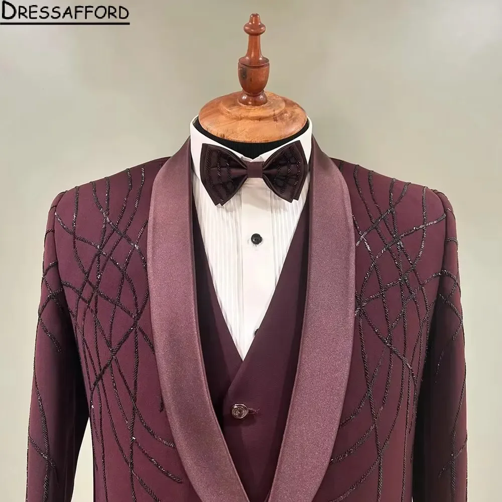 Burgundy 3 Pieces Groom Wedding Tuxedos Beading Crystal Formal Suits Men Custom Made Black Prom Blazer Sets Male Fashion