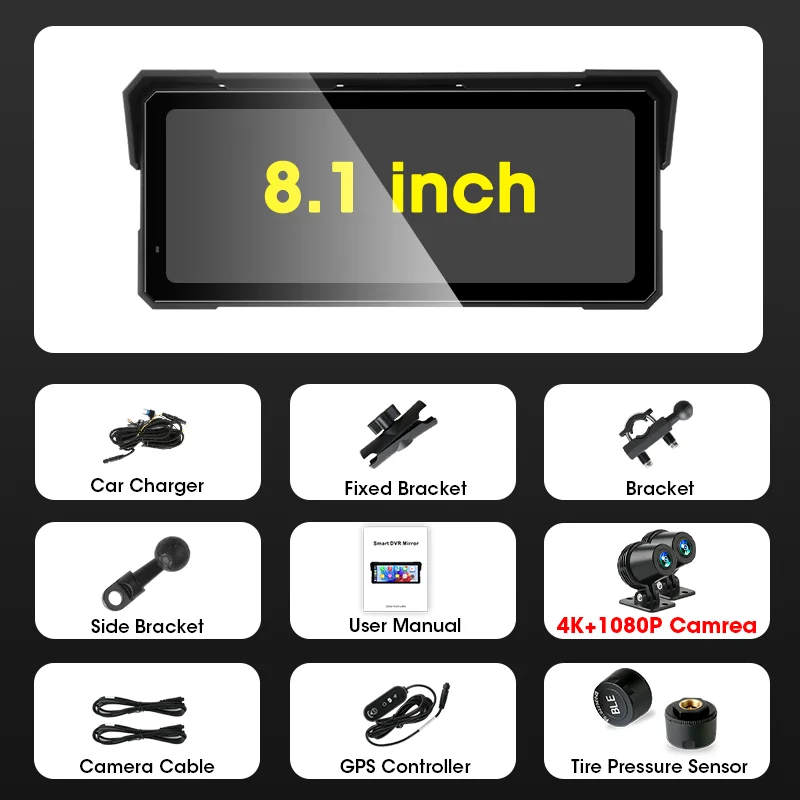 Jansite 8.1" Motorfiets Carplay Android Auto Navigatie GPS 4K & 1080P Moto DVR IPX7 Waterdichte Motobike Monitor Bluetooth 5.0