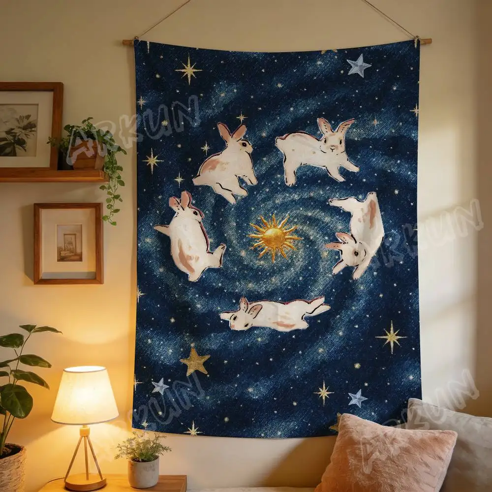 Celestial Bunny Tapestry Cute White Rabbit Swirl Starry Night Sky Wall Hanging Sun Star Galaxy Wall Home Aesthetic Decor