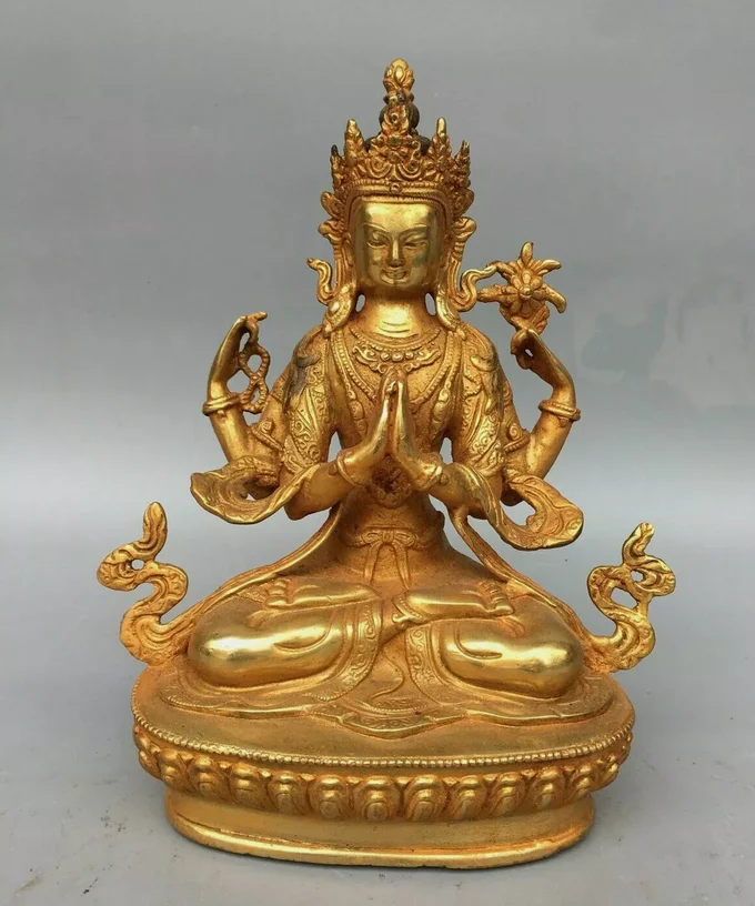 old temple Tibetan Buddhism bronze gilt Chenrezig Kwan-yin 4arms Tara statue