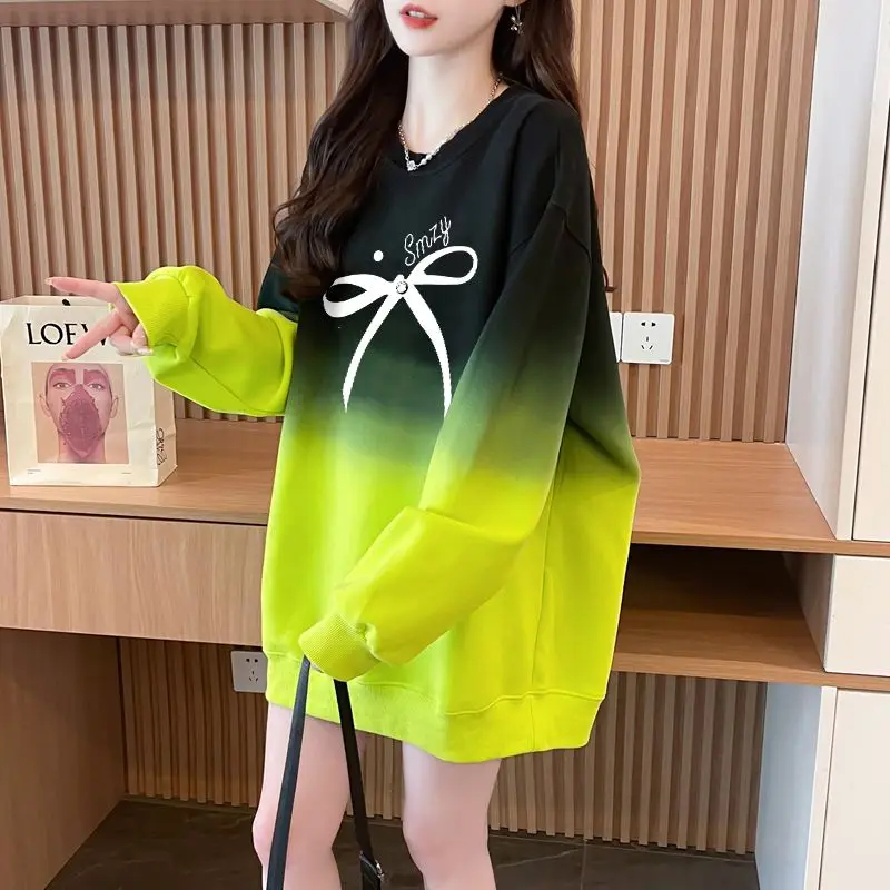 Korean Version Bow Women\'s 2024 Spring and Autumn New Splicing Pullovers O-Neck Print Gradient Loose Casual Long Sleeved Hoodies