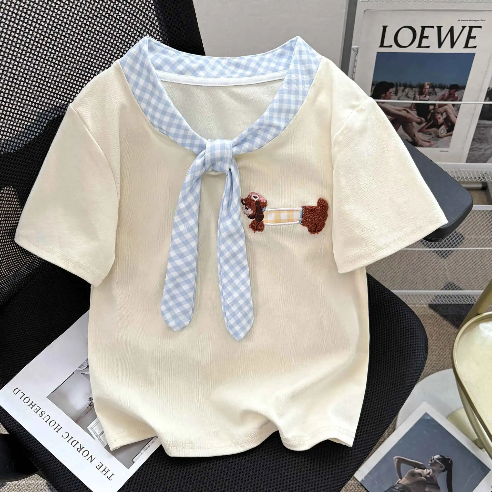 Spring and Summer Women's New College Style Skinny Puppy Embroidered Plaid Bow Tie Short Sleeve T-Shirt