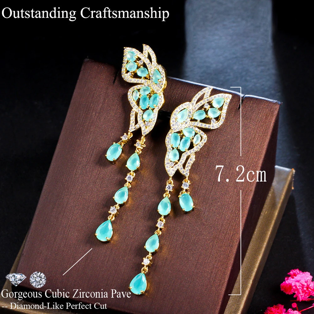 BeaQueen New Elegant Light Blue Cubic Zircon Paved Butterfly Long Crystal Drop Dangle Earrings for Women Engagement Jewelry E468