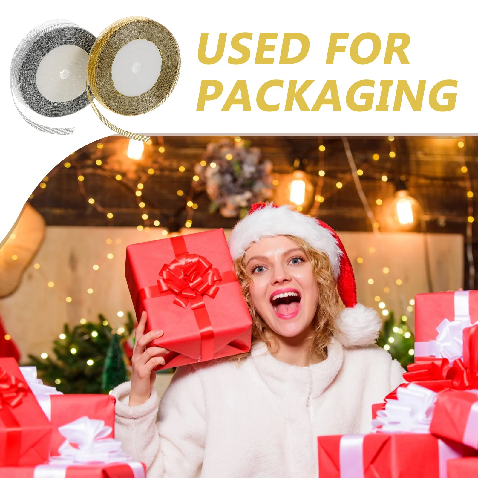 

2 Rolls Metallic Glitter Ribbon Gold Fabric Ribbon for Candy Wrapping Holiday DIY Crafts Party Decoration Wedding