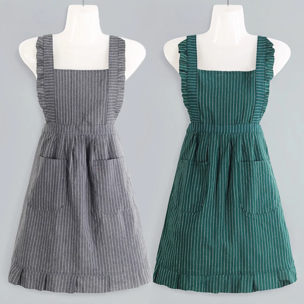 Cotton fabric Apron Fashion Breathable breathable Maid Dress with Waistband Home Kitchen Cooking Restaurant Women Workwear