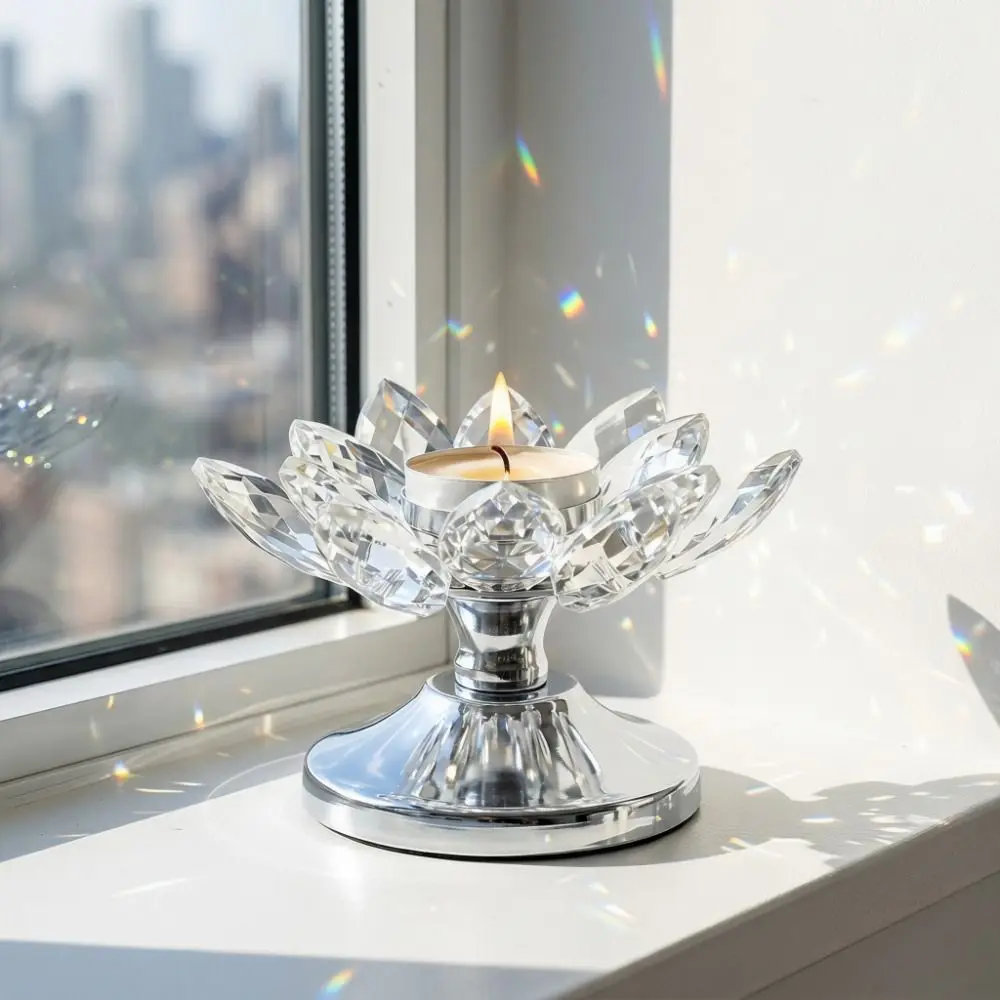 Metal Base Lotus Candle Holder Handcrafted Non-slip Transparent Candle Tray Multi-purpose Romantic Lotus Flower Figurines
