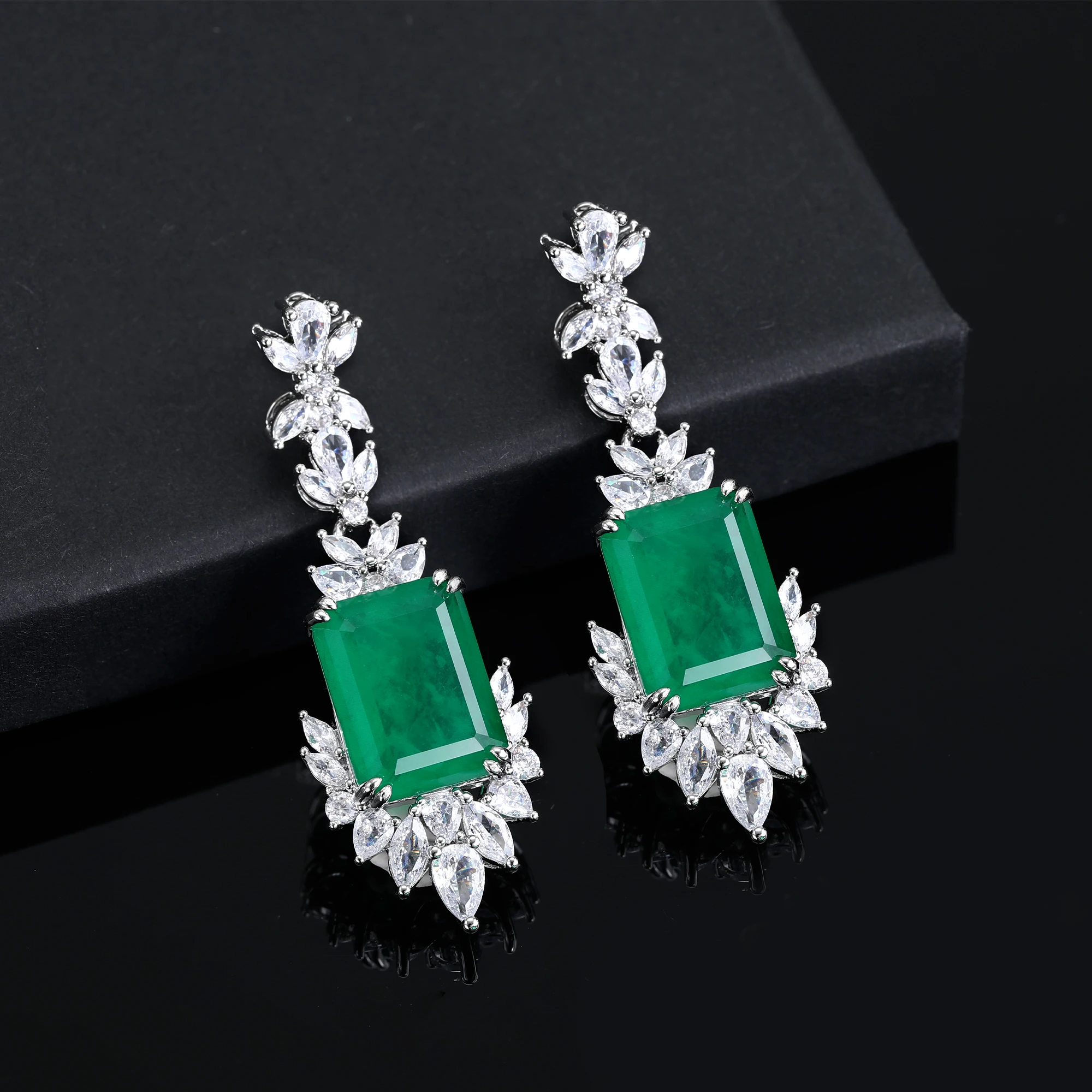 Emerald Green Square Pendant Necklace with Micro Pave CZ White Gold Plated - Fashion Wedding Party Jewelry Set