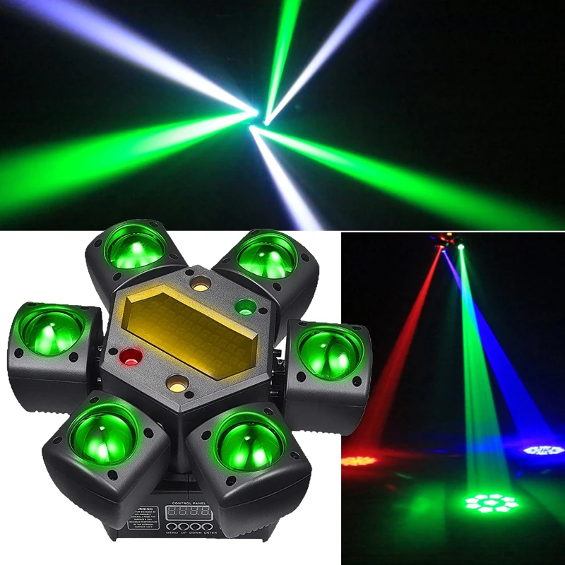 

DJ Lights Six Arms RGBW LED Beam Moving Head Light Remote Control DMX Pattern Strobe Laser Stage Lighting Disco Hallowe