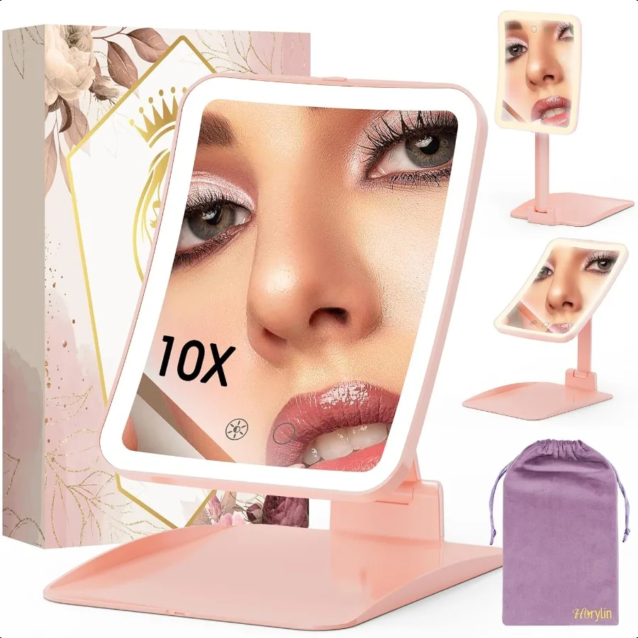 

Travel Makeup Mirror with Lights and Magnification 10X Upgraded TripleFold Portable Magnifying Mirror Adjustable Height Angle D