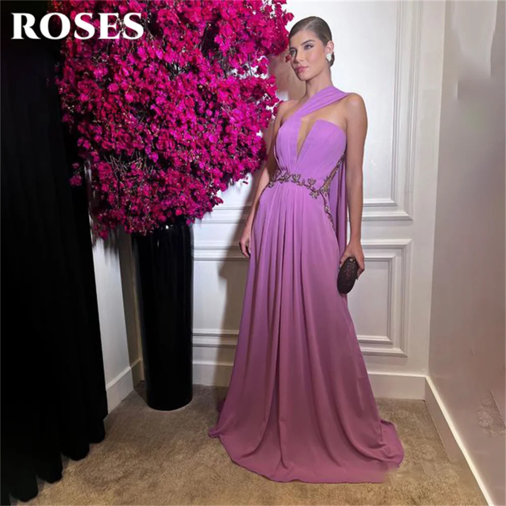 

ROSES Grape One Shoulder Evening Gown Elegant Chiffion Prom Dress Appliques Wedding Evening Drop Shipping Dress robes de soirée