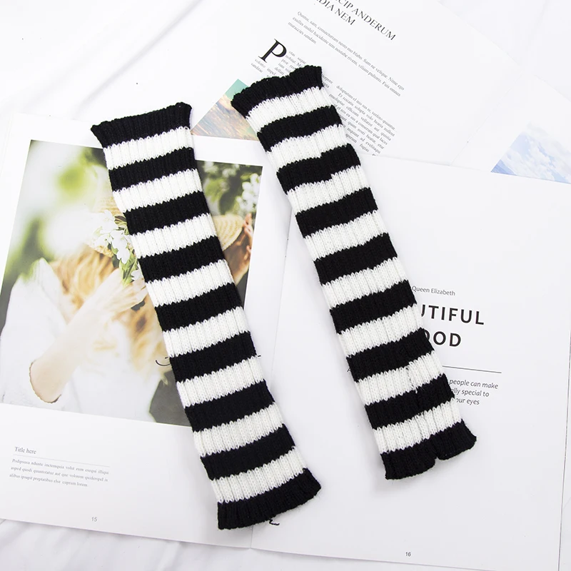 1Pair Knit Fingerless Gloves Women Soft Black White Stripes Warm Knitted Arm Warmers Winter Hand Accessories Stylish Elastic