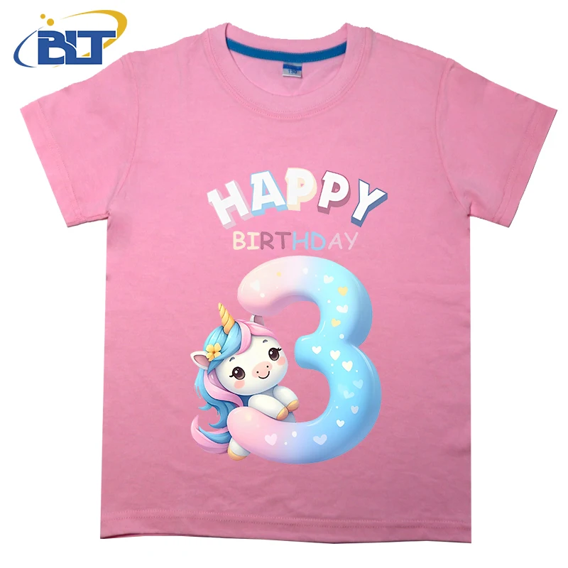 

Happy Birthday 3 Years Old Cute with Unicorn Design Print KidST shirt in summer cotton short -sleeved casual top