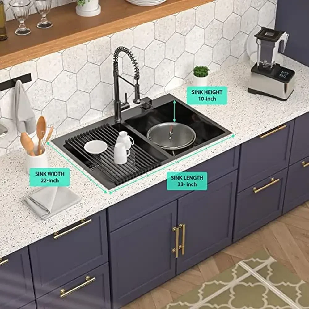 33 Inch Stainless Steel Topmount Gunmetal Black Double Bowl Kitchen Sink Large Volume 16 Gauge Drop In Sink with Unique R10