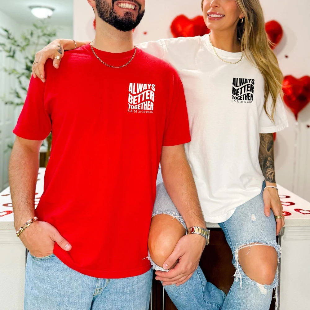 Gift for Couples – Personalized T-shirt Set with Initials & Date Matching Look Anniversary and Valentine's Day Gift Anniversary