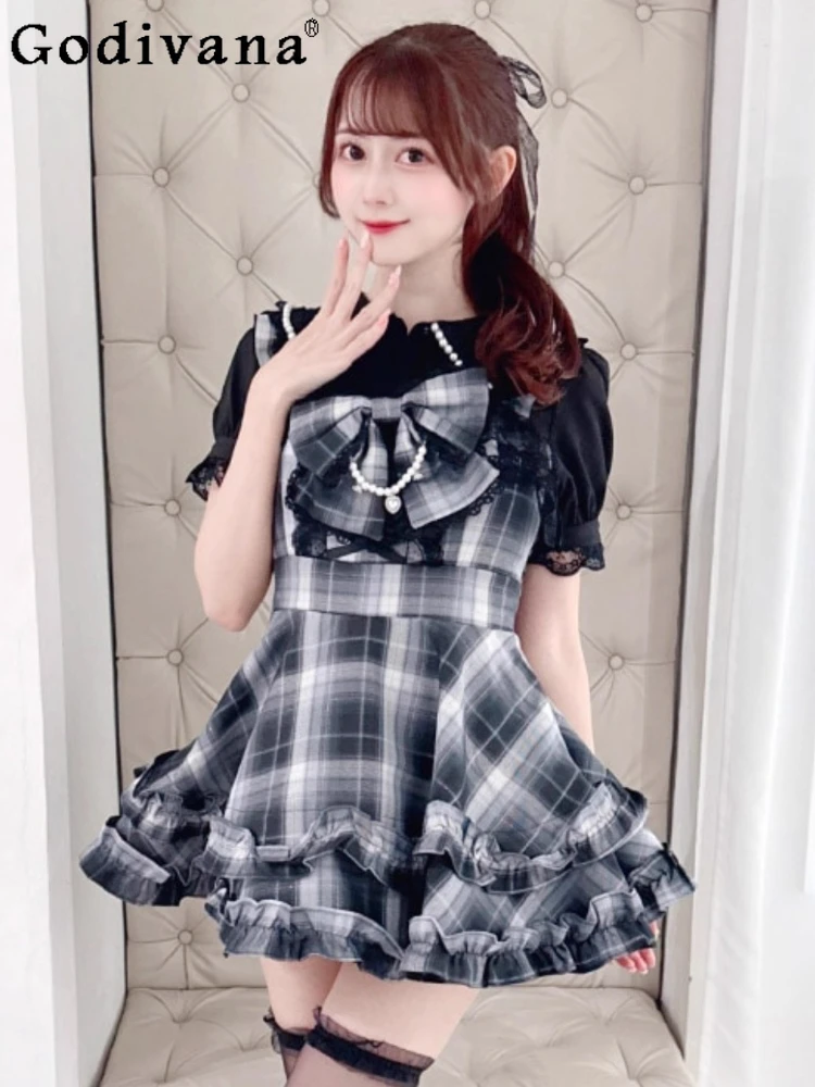

Japanese Style New Girls Sweet Cute Pearl Beaded Lace Bow Plaid Straps Dress Summer New Girls Women's Lolita Short Dresses Jsk