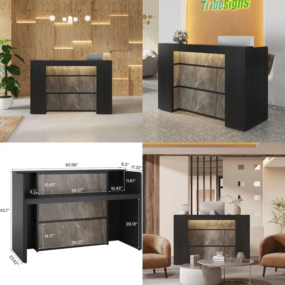 LED-Illuminated 63 Modern Reception Desk for Lobbies, Salons, Retail Spaces, and Professional Waiting Areas
