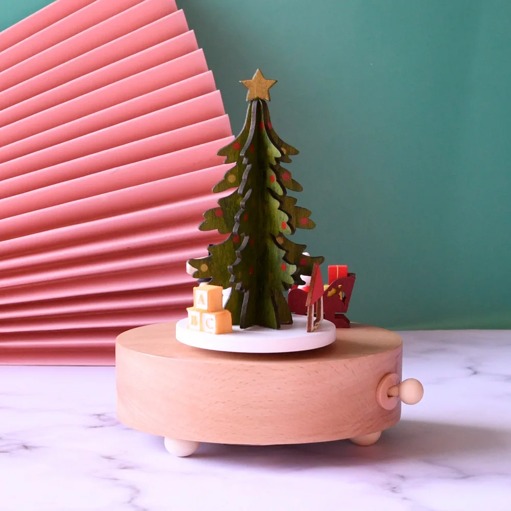 Christmas Deer Car Wooden Music Box Christmas Birthday Gift Rotating Christmas Tree Clockwork Music Box