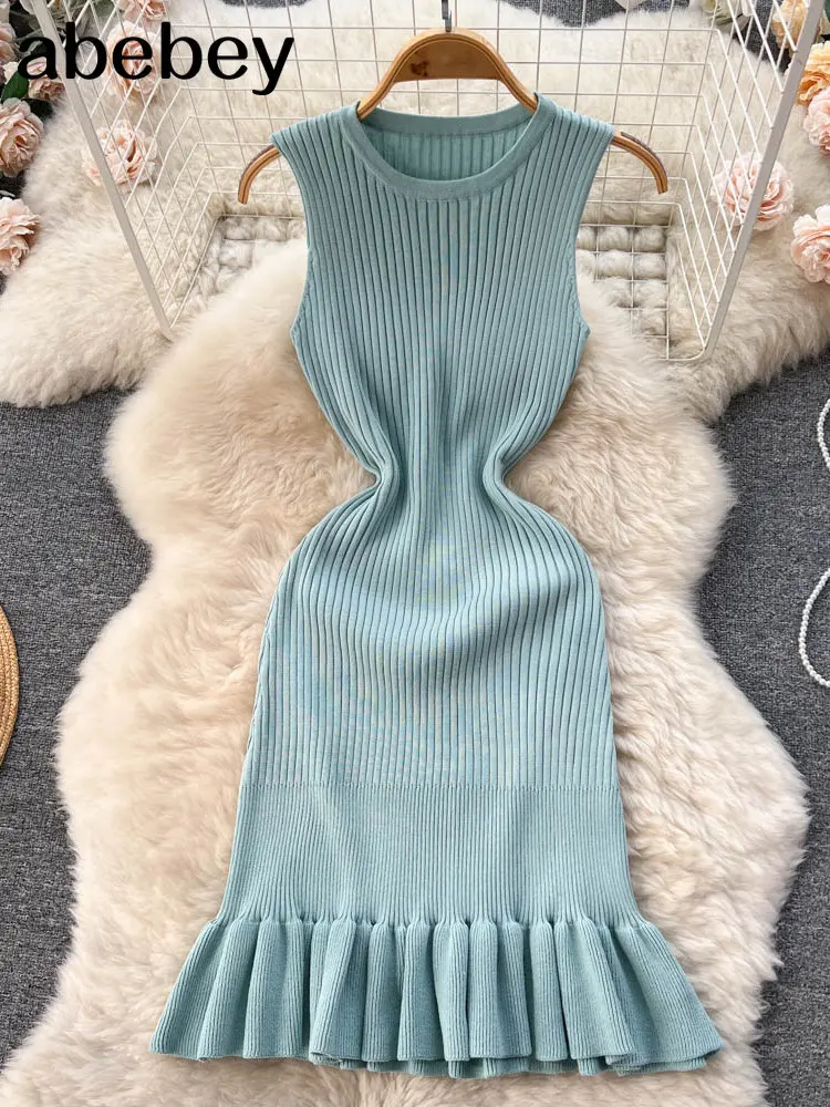 Summer Knitted Bodycon Sexy Dress 2023 O Neck Sleeveless Ruffled Party Sundress High Street Elastic Slim Short Dress