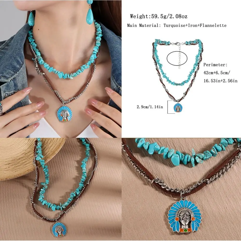 Bead Multilayer Turquoise Necklace Ethnic Style Cactus Western Country Necklace Retro Pendant Bohemian Style Clavicle Chain Gift