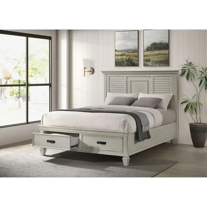 

Distressed White 2-Drawer Queen Bed Frame with Storage Solution