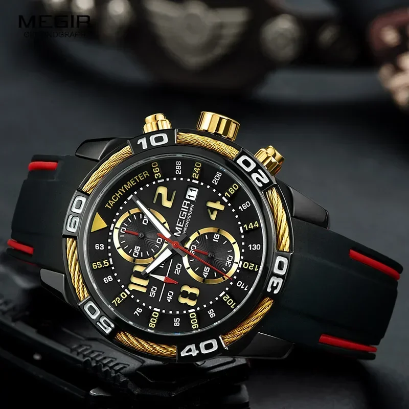 Megir Heren Sport Chronograaf Quartz Horloges Waterdicht Siliconen Leger Racing Lichtgevende Klok Relojios Masculinos 2045-1N3