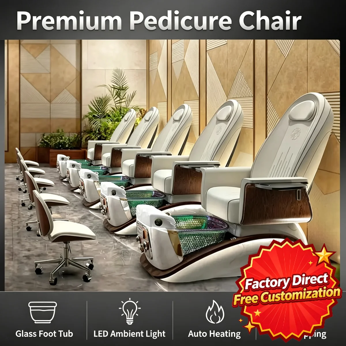 Electric Pedicure Chair Brown PU Leather Reclining Massage Foot Spa Basin No Plumbing Professional Nail Salon Furniture