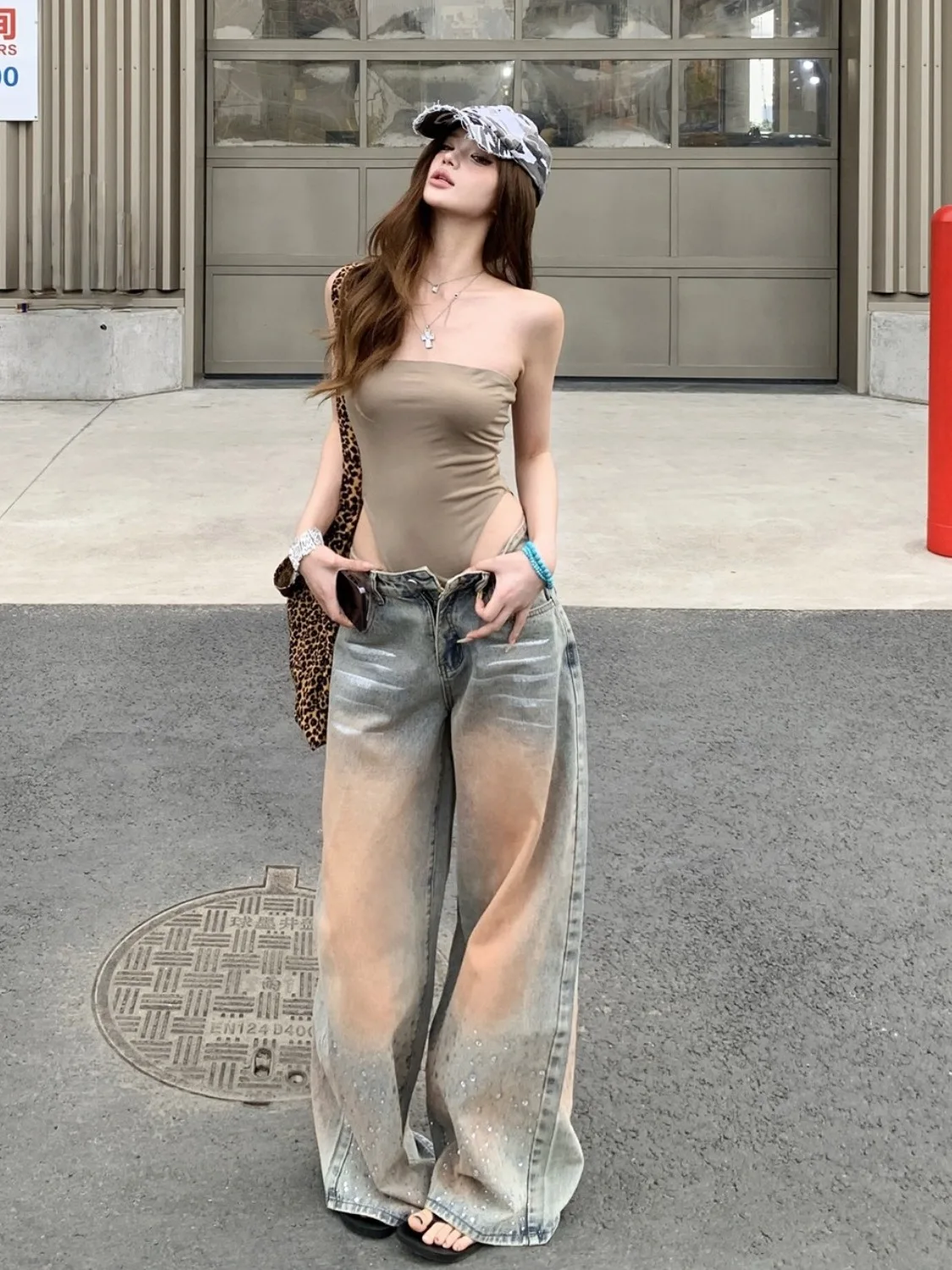 

Sexy Spicy Girl Two-Piece Set Summer New Style High Waist Wide Leg Jeans Crop Top Casual Elastic Leather Fabric No Sleeve