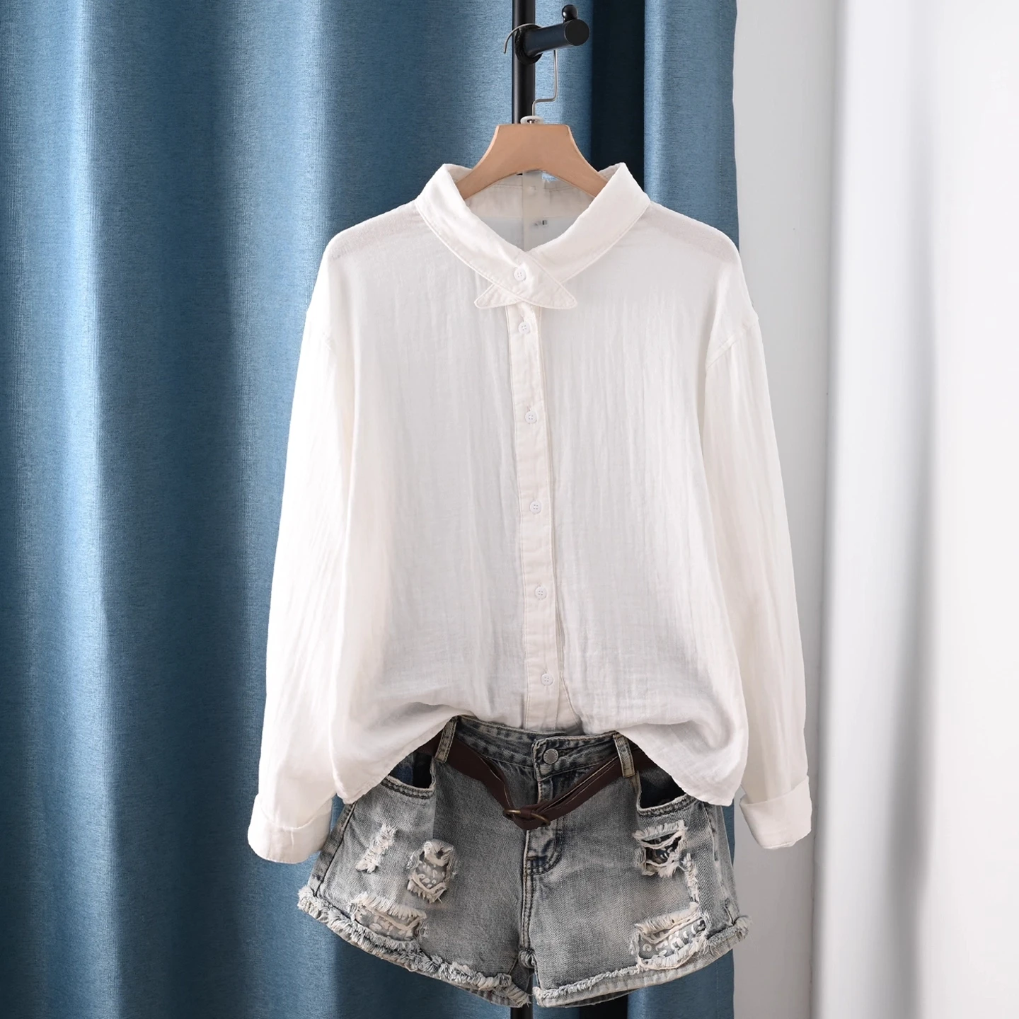 Enianechu Camicette da donna graziose ed eleganti 100% filato di cotone Camicie solide bianche rosse grigie originali Top da donna a maniche lunghe