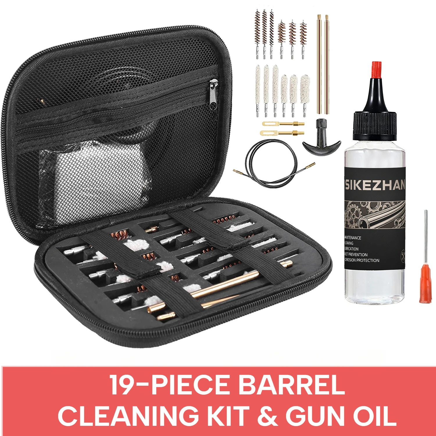19-Piece Gun Cleaning Kit Barrel Brush & 60ml Gun Oil Lubricant, Universal Firearm CLP Cleaner Anti-Rust Maintenance Protectant