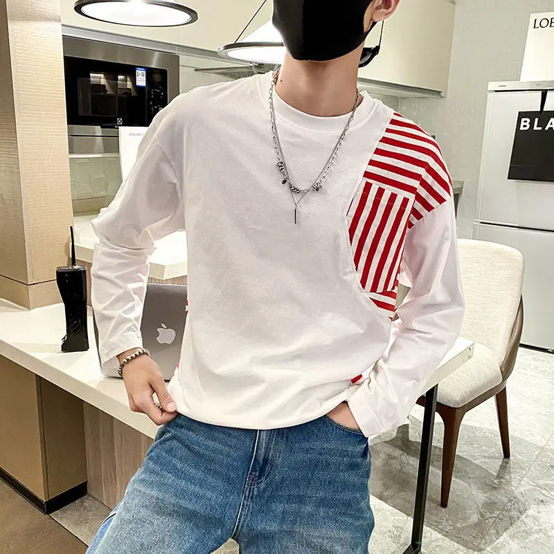 

2023 New Spring and Autumn Fashion Brand Pippy Handsome Round Neck Stripe Contrast Color Versatile Casual Loose Fashion T-shirt