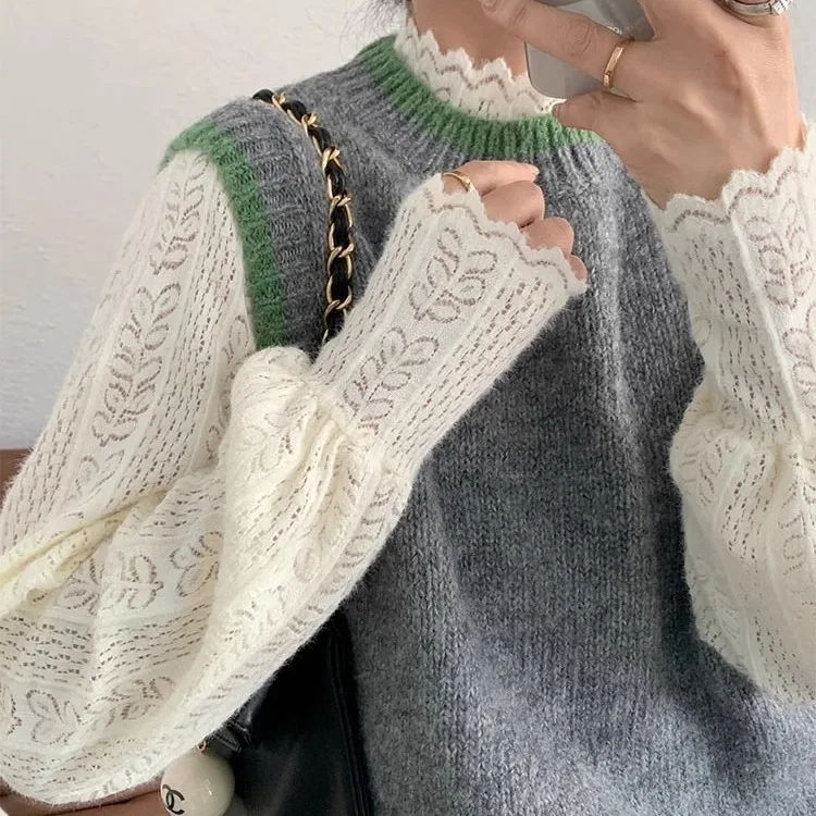 Fluffy Lace Trim Stand Collar Long Sleeve T-Shirt Autumn Winter Inner Wear Beige Base Shirt Elegant Gentle Spring Top