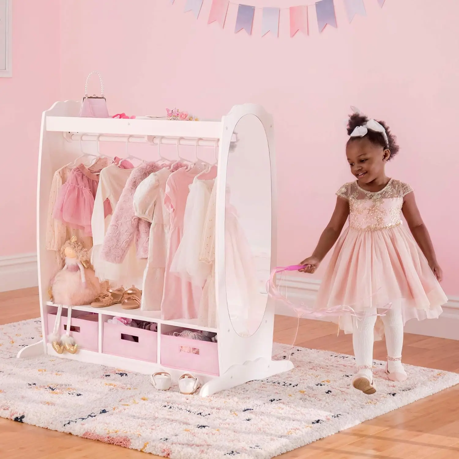 White: Dramatic Play Costume Rack with Mirror and Tray for Toddlers - Kids Armoire, Dresser with Fabric Storage Bins