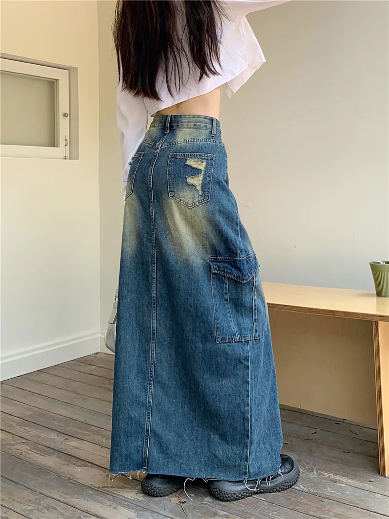 Vintage Damen Denim A-Linie lange Röcke y2k Mädchen koreanischen Stil elegante Harajuku Rock 2023 Sommer 90er Jahre Kleidung