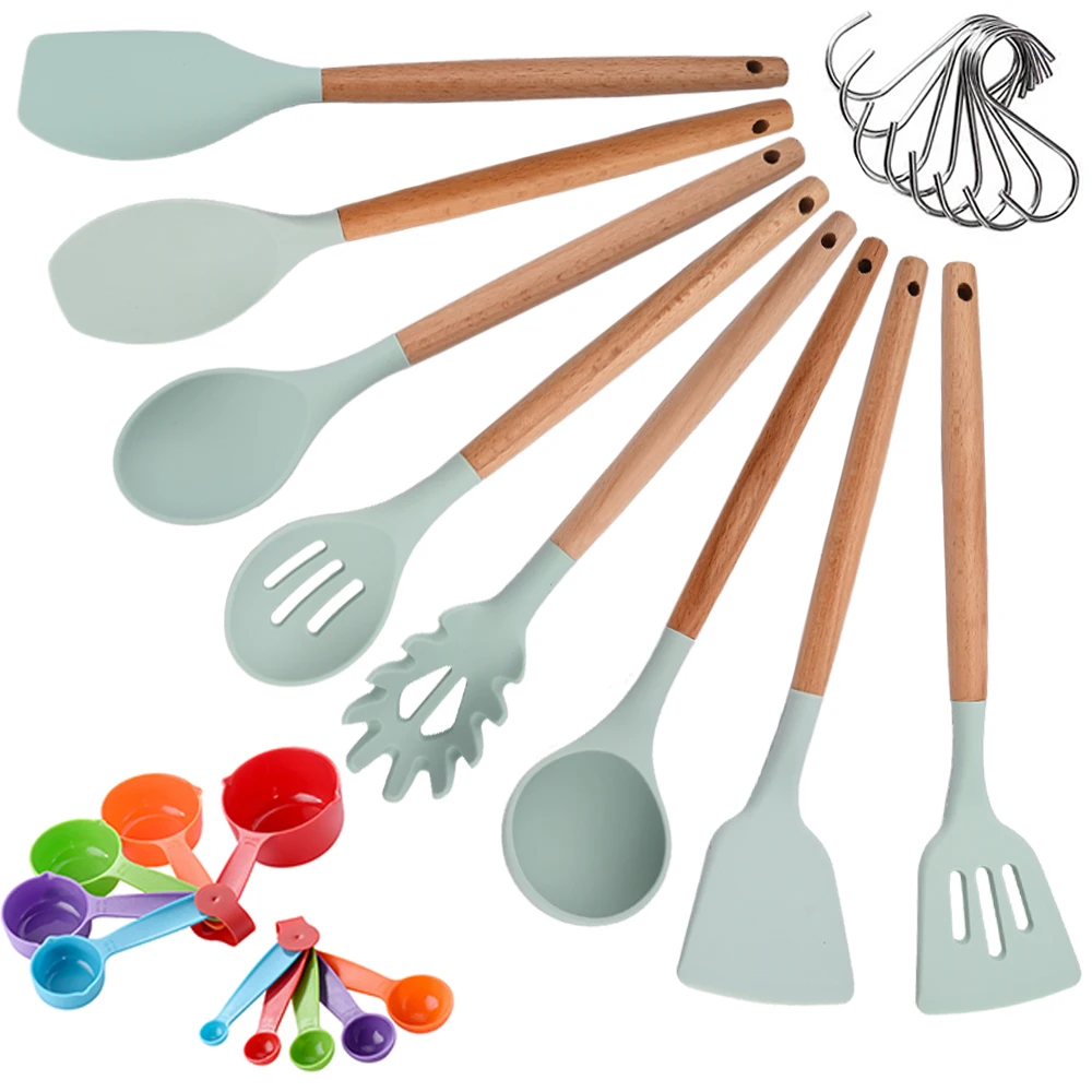 

Silicone Kitchen Utensils Set Non-Stick Cookware Wooden Handle Spatula Shovel Measurin Spoon Kitchenware Kitchen Accessories