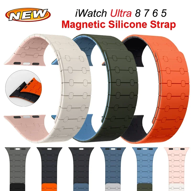 

Magnetic Silicone Strap For Apple Watch Band 45mm 44mm 42mm 46mm 40mm 41mm Bracelet Correa iWatch 10 9 8 7 6 5 4 Ultra 49mm SE