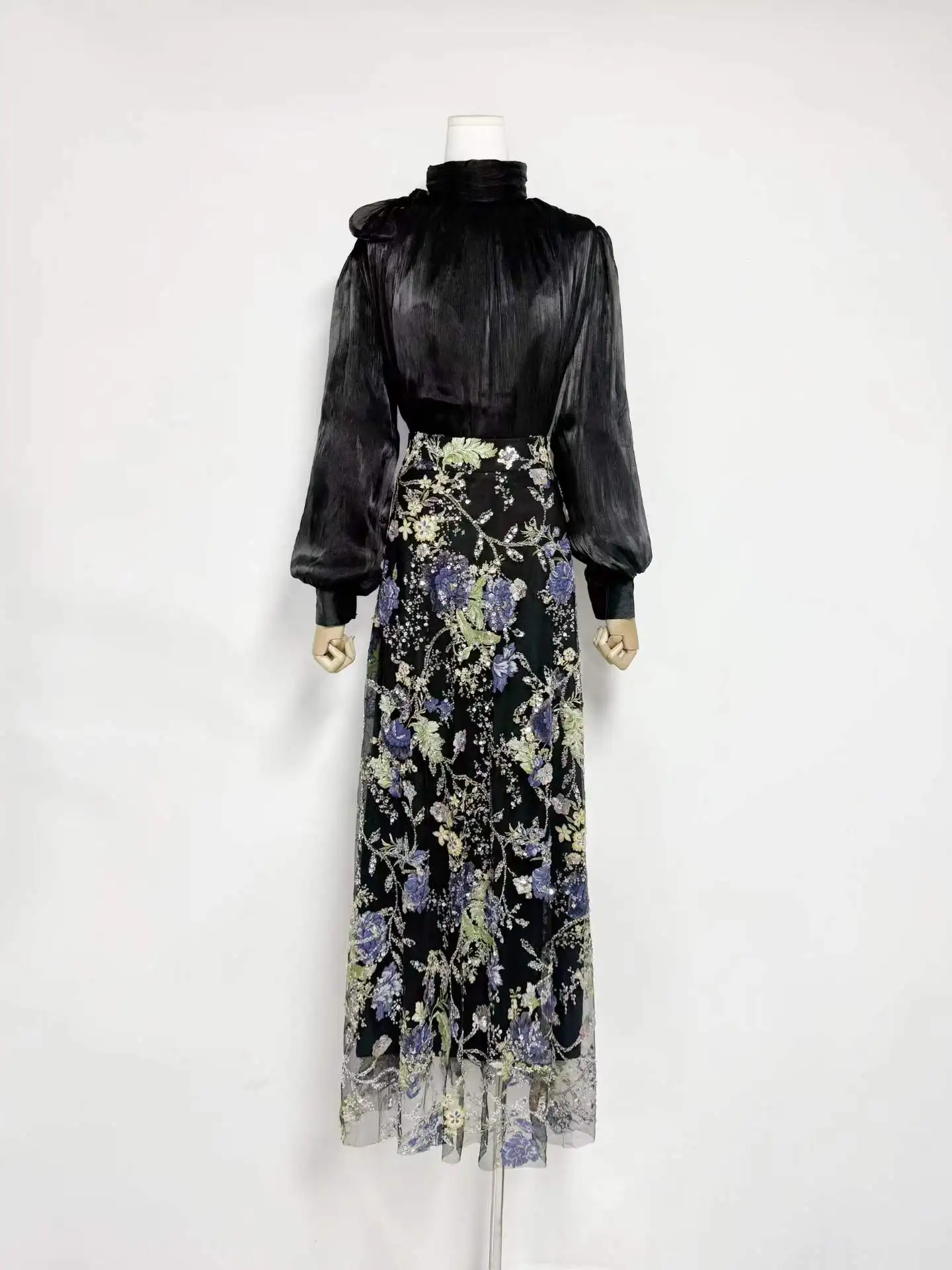 VGH Elegant Chic Black Floral Two Piece Set for Women Scarf Collar Long Sleeve Blouse High Waist Maxi Skirt Suit for Casual Wear view 5