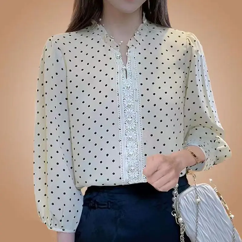 

Women's Pullover Round Neck Chiffon Lace Patchwork Lantern Long Sleeve Polka Dot Button T-shirt Office Lady Spring Summer Tops