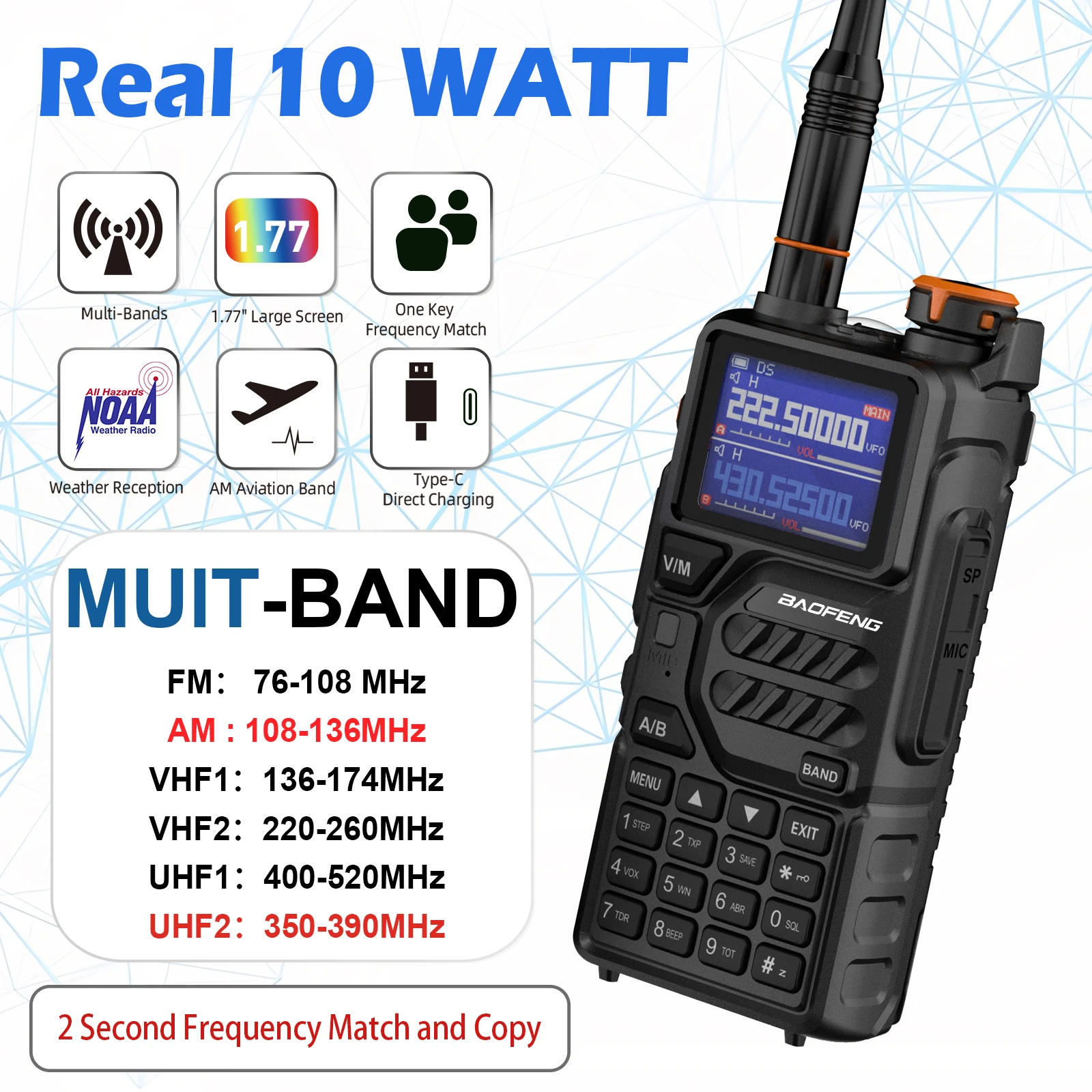 Baofeng K5 Plus Walkie Talkies 10-Watt 136-174/220-260/400-480MHz Type-C 2500mAh Battery 999CH Ham Radio