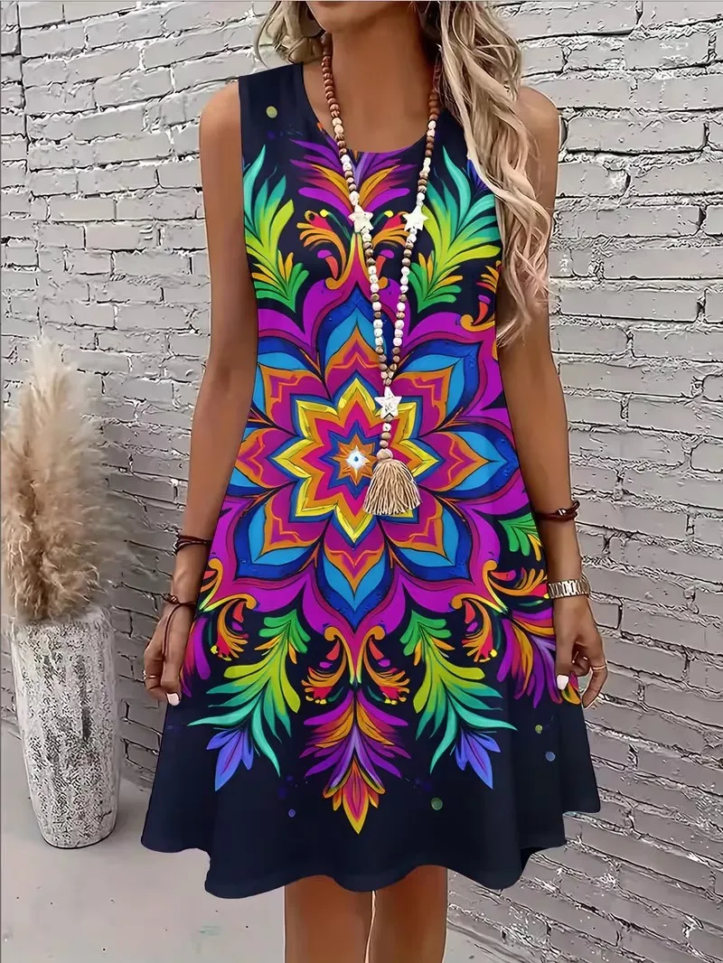 3D floral pattern dress, summer sleeveless round neck casual vacation dress Vestidos De Mujer
