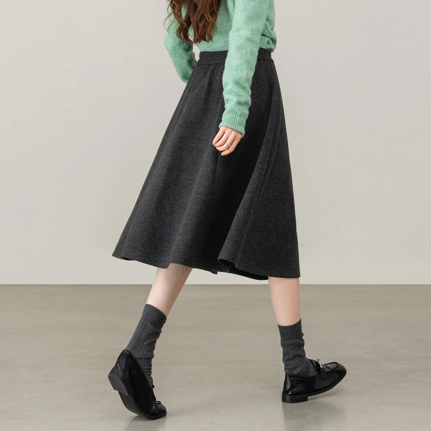 SENTUBILA Women's Wool Blend A‑Line Midi Skirt 2026 Winter High Waist Elastic Waistband Thick Warm Commuter Long Skirt 164QG7951