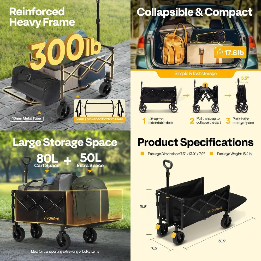 

Складной универсальный тележка емкостью 130 л, несущая нагрузка 320 фунтов, вездеходными колесами, регулируемой ручкой и подстаканниками для выхода.