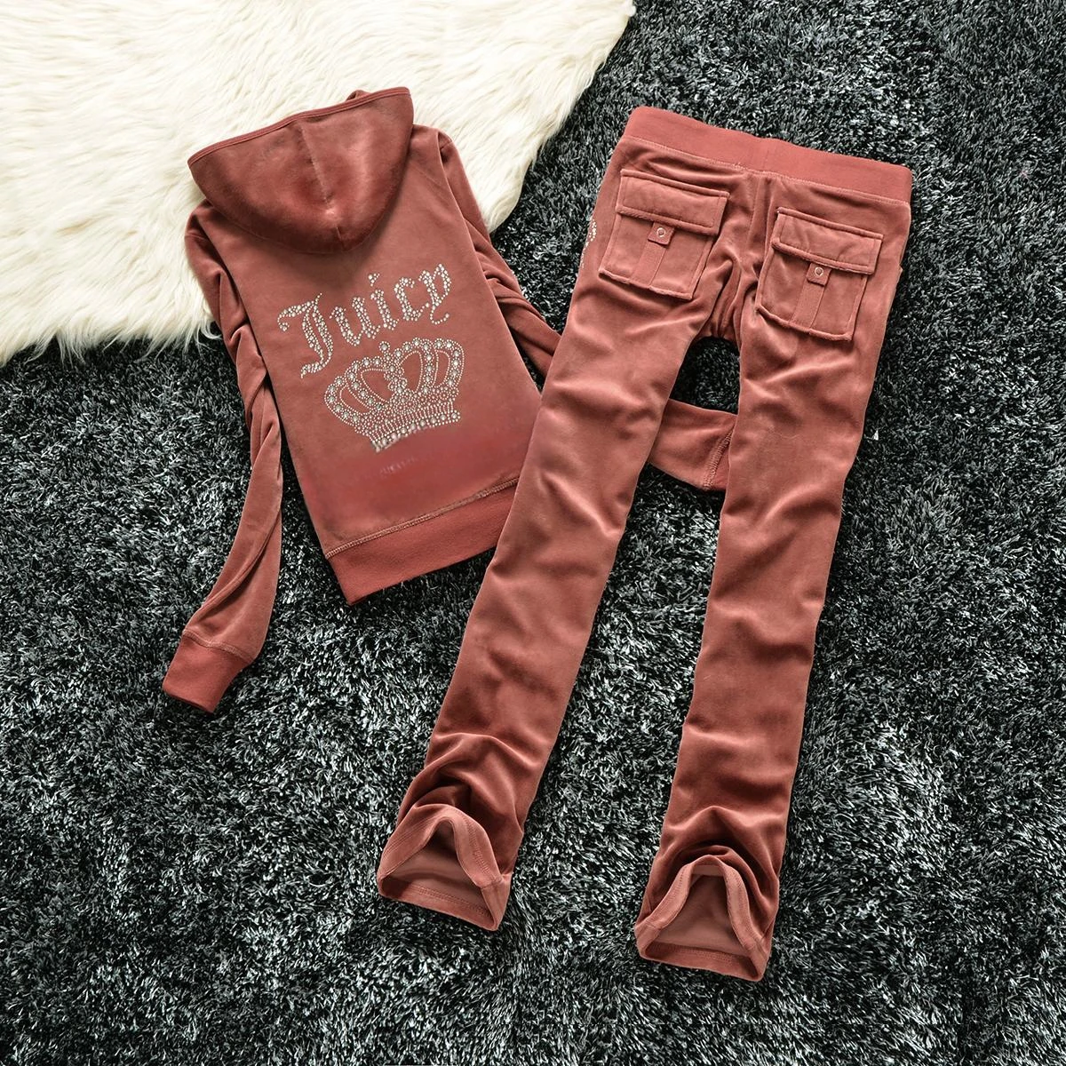 JUICY COMETURE Velvet Tracksuit Women Suit 2025 New Winter Warm Suit Women\'s Hooded Sweatshirt + Casual Velvet Pants 2pc