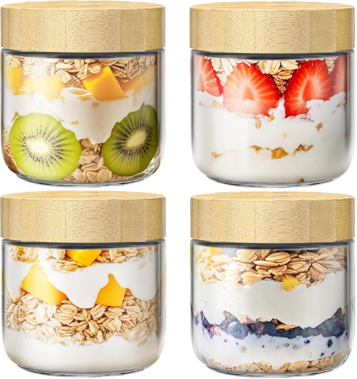 4 Pack 10oz Overnight Oats Containers with Bamboo Lids, Glass Jars with Airtight Lids for Meal Prep, Wide Mouth Mason Salad Jars