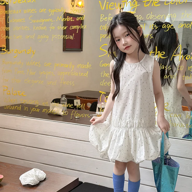Kids Sleeveless Tank Dress Gentle Princess Skirt Clean White‑Base Floral Print Blossom Bud Hem Elegant Little Girls Outfit