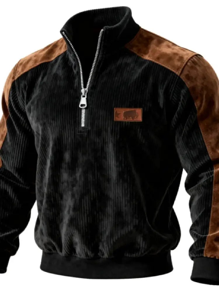 Sweat-shirt patchwork vintage noir et marron pour hommes