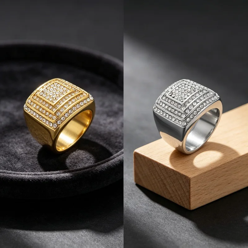 Kalen Herrenring, größer, quadratisch, hochwertig, mit CZ-Kristallen, Edelstahl, Schmuck, männlicher Charme, Fingerring, Damen-Accessoire – Detail 7