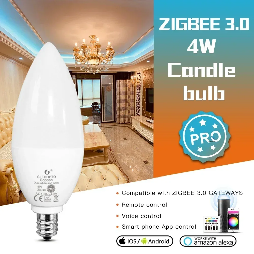 

GLEDOPTO Zigbee 3.0 Smart RGB LED Lamp E14 E12 4W Pro For Bedroom Living Room Compatible with Tuya APP Voice RF Remote Control