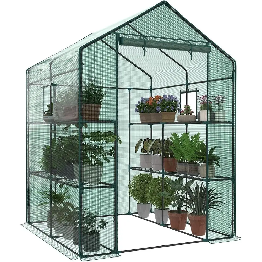 

Теплица 142x142x196 см, проходная, с окном, 2-уровневая, 8 полок для растений, прочное покрытие из полиэтилена, портативная, для использования в помещении
