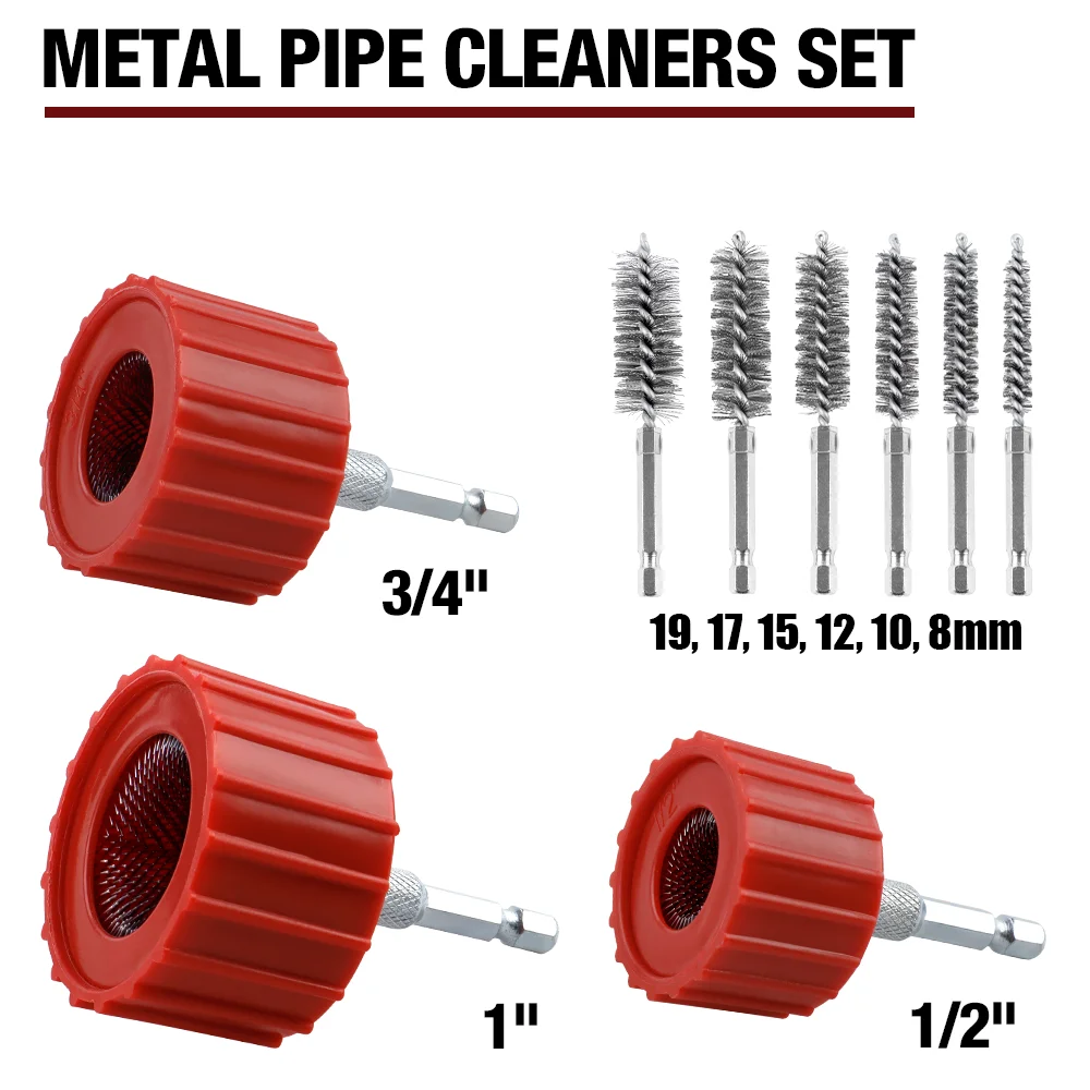 Brosse de nettoyage pour tuyaux, 3/9 pièces, outil de nettoyage externe pour tuyaux métalliques de 1/2", 3/4", 1", brosse de nettoyage pour forets en acier inoxydable de 8 à 19 mm, outil d'élimination